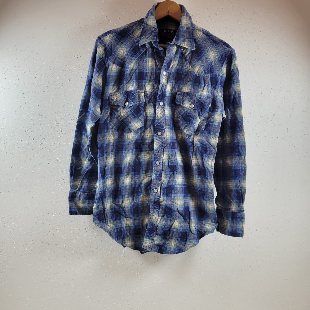 Vintage BJ-R Western Shirt Men S  Excellent Plaid Pearl Snap Flannel Long Tail